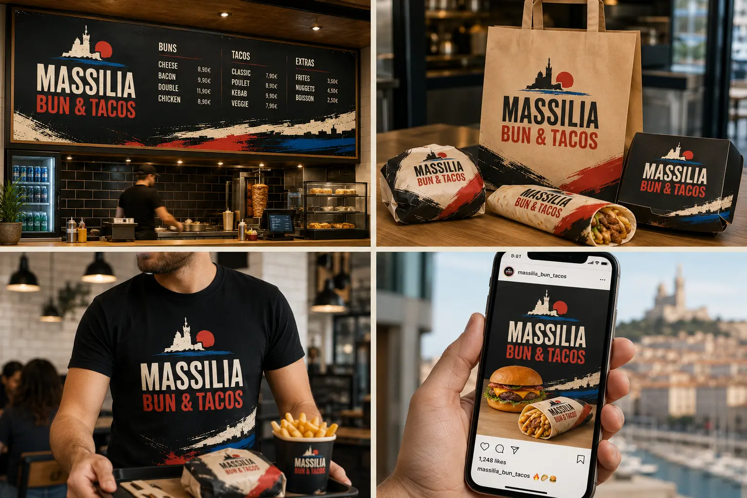 Quatre applications graphiques du projet Massilia Bun & Tacos