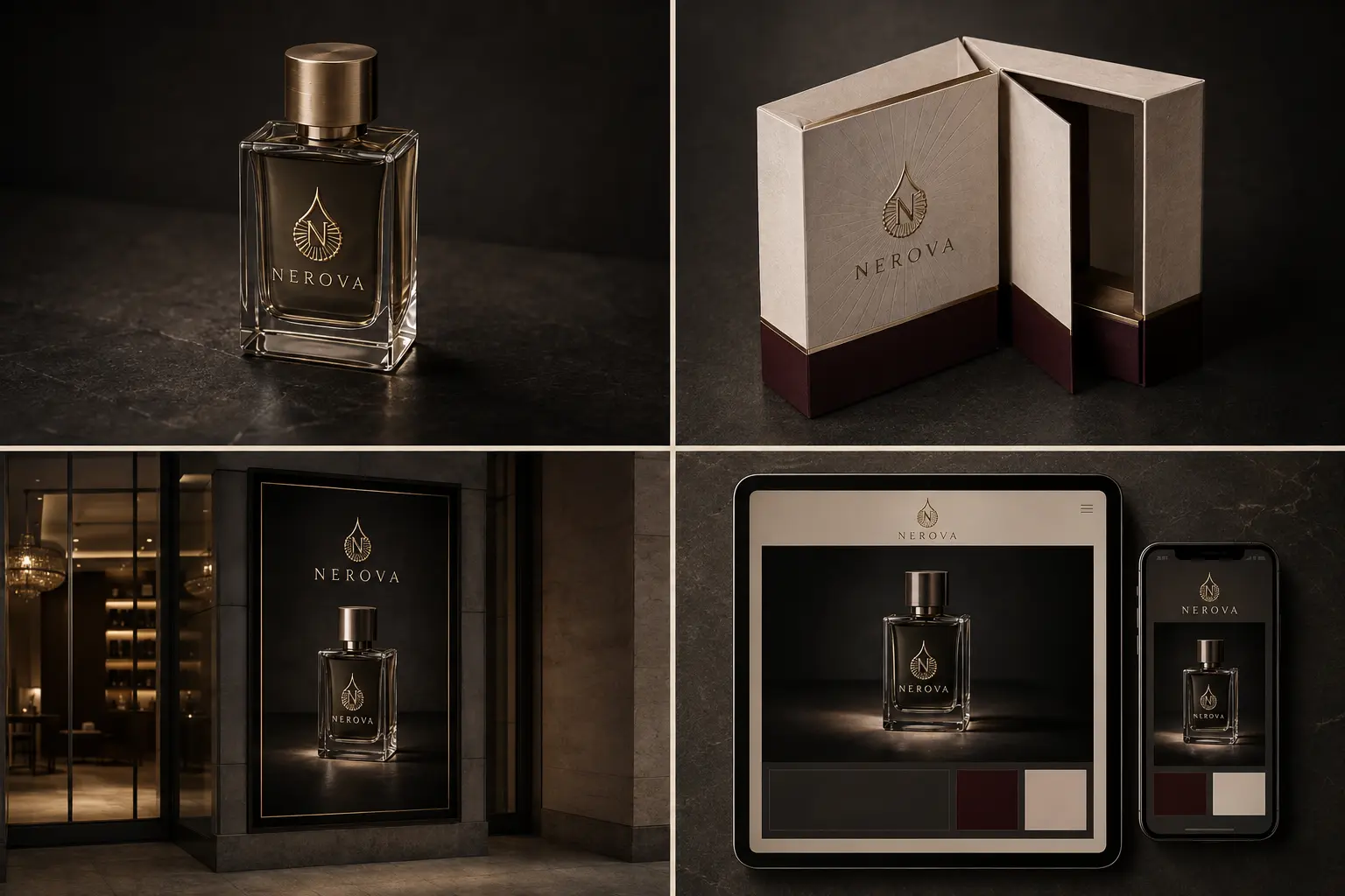 Quatre applications graphiques du projet Nerova Parfums