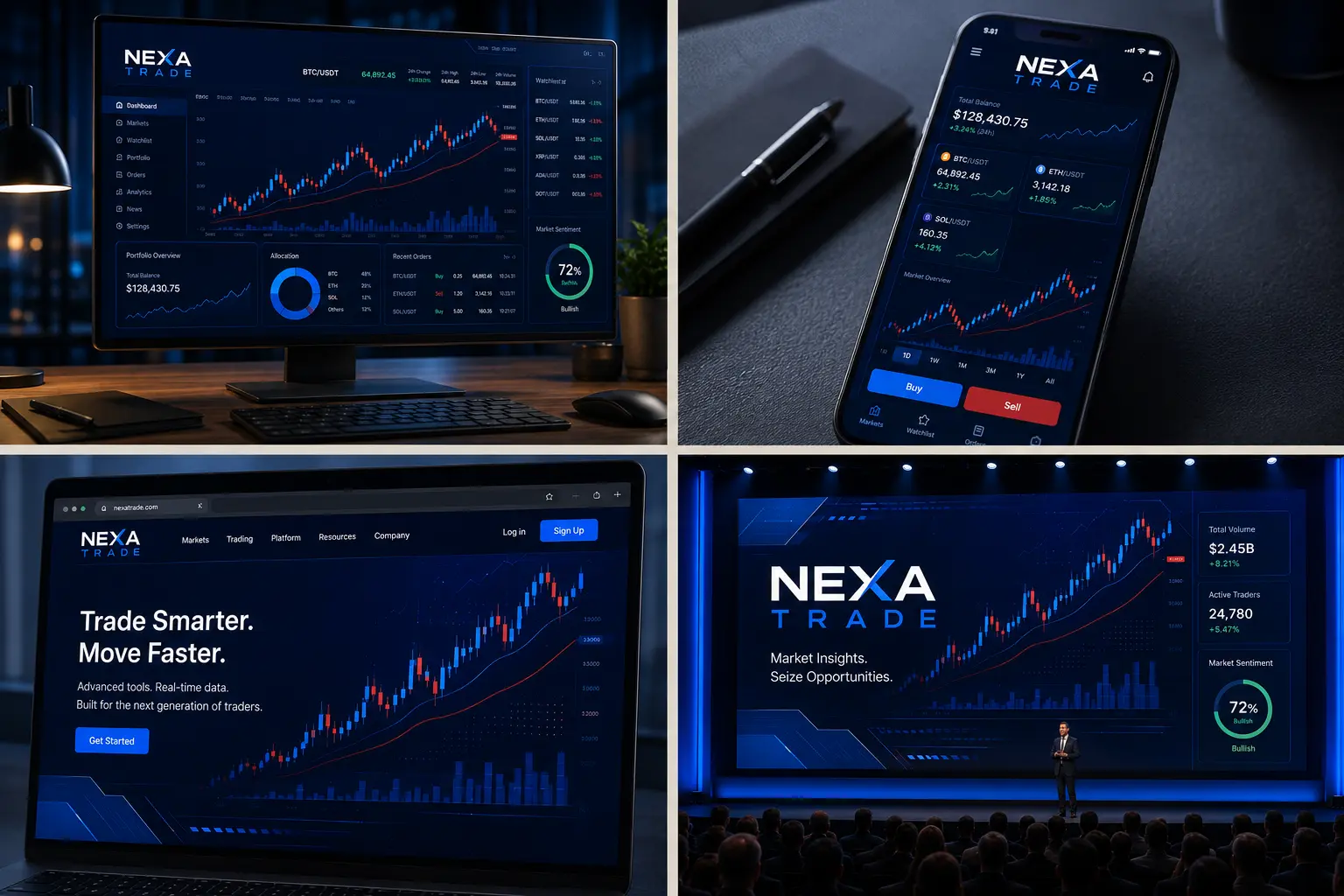 Quatre applications graphiques du projet Nexa Trade