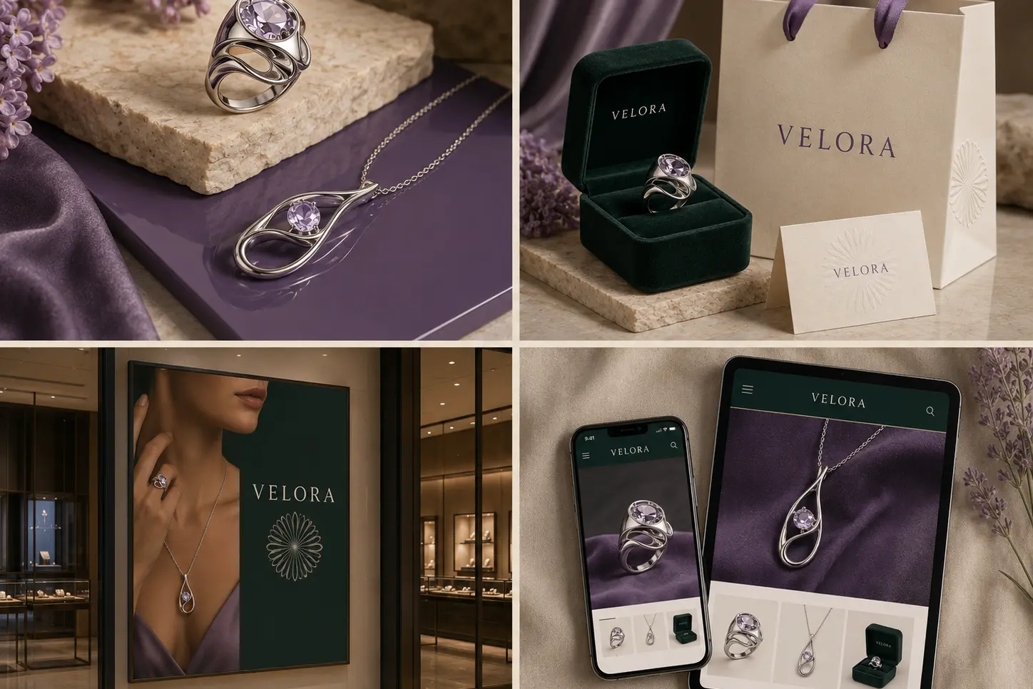 Quatre applications graphiques du projet Velora Joaillerie